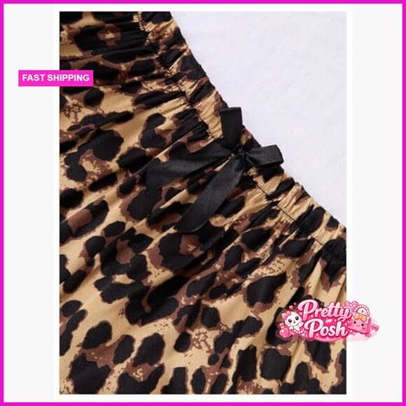 3 Piece Leopard Print Pajama Set Button Down Short Sleeve with Shorts and Pants - Picture 2 of 7